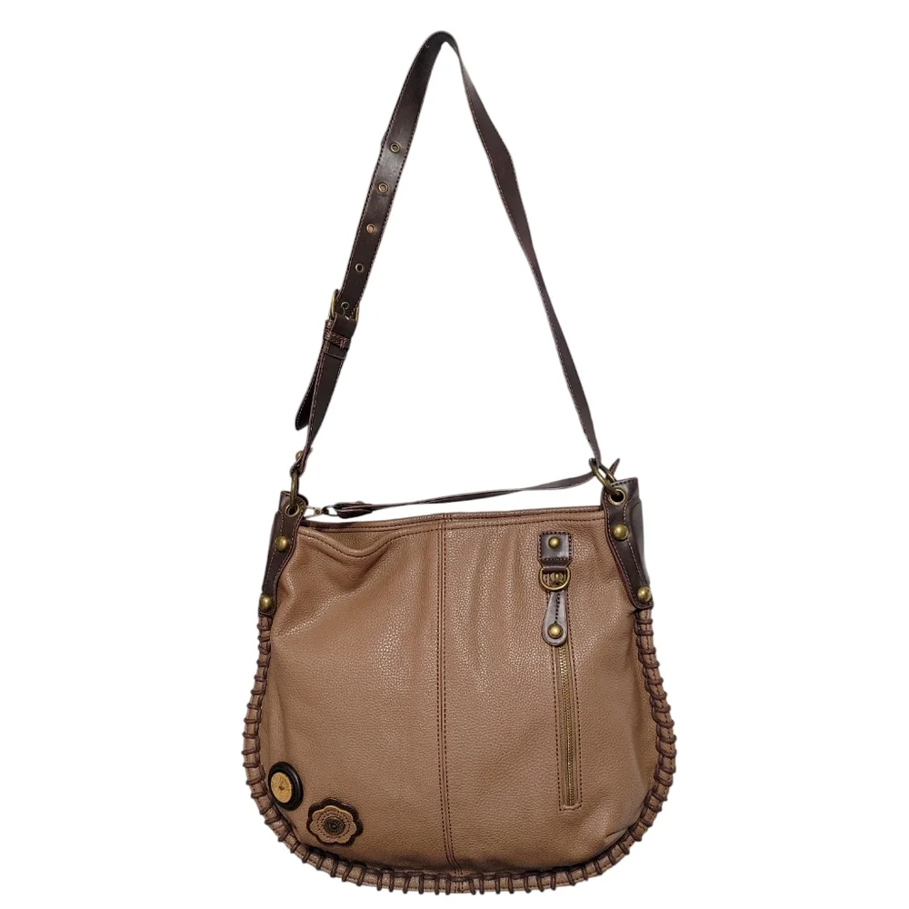 Chala Brown Floral Faux Leather Convertible Hobo Crossbody Bag Handbag Purse